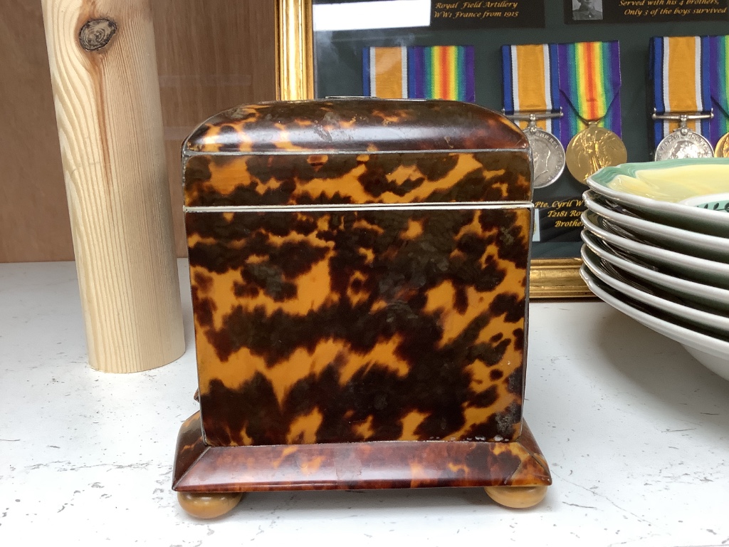 A 19th century tortoiseshell and ivory tea caddy, width 8.5cm height 11cm